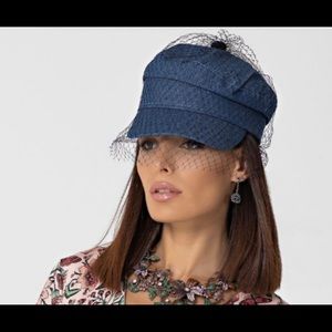 Quality Cotton Denim Navy Hat with black veil net contrast